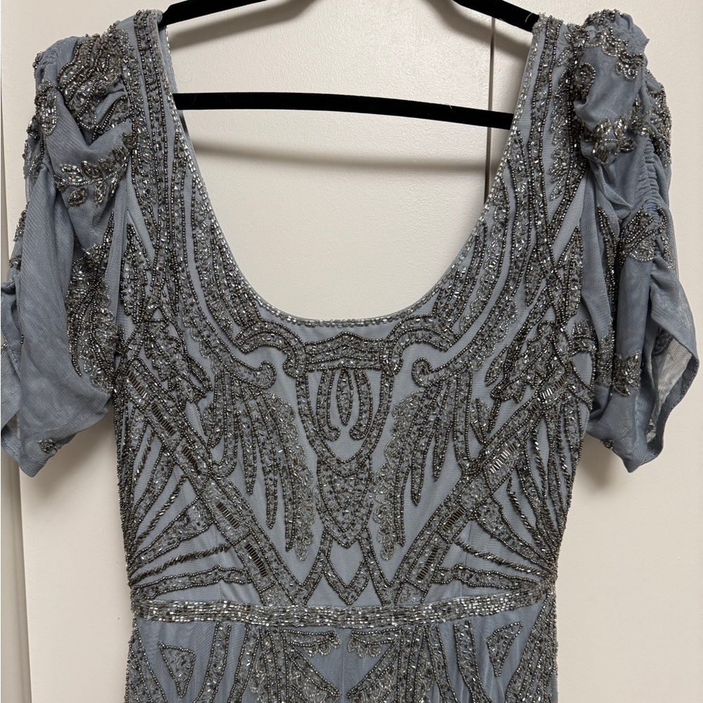NWT |Mac Duggal A5434 Silver Short Sleeve Beaded A-line Tea Length Dress Size 10 - Picture 9 of 16